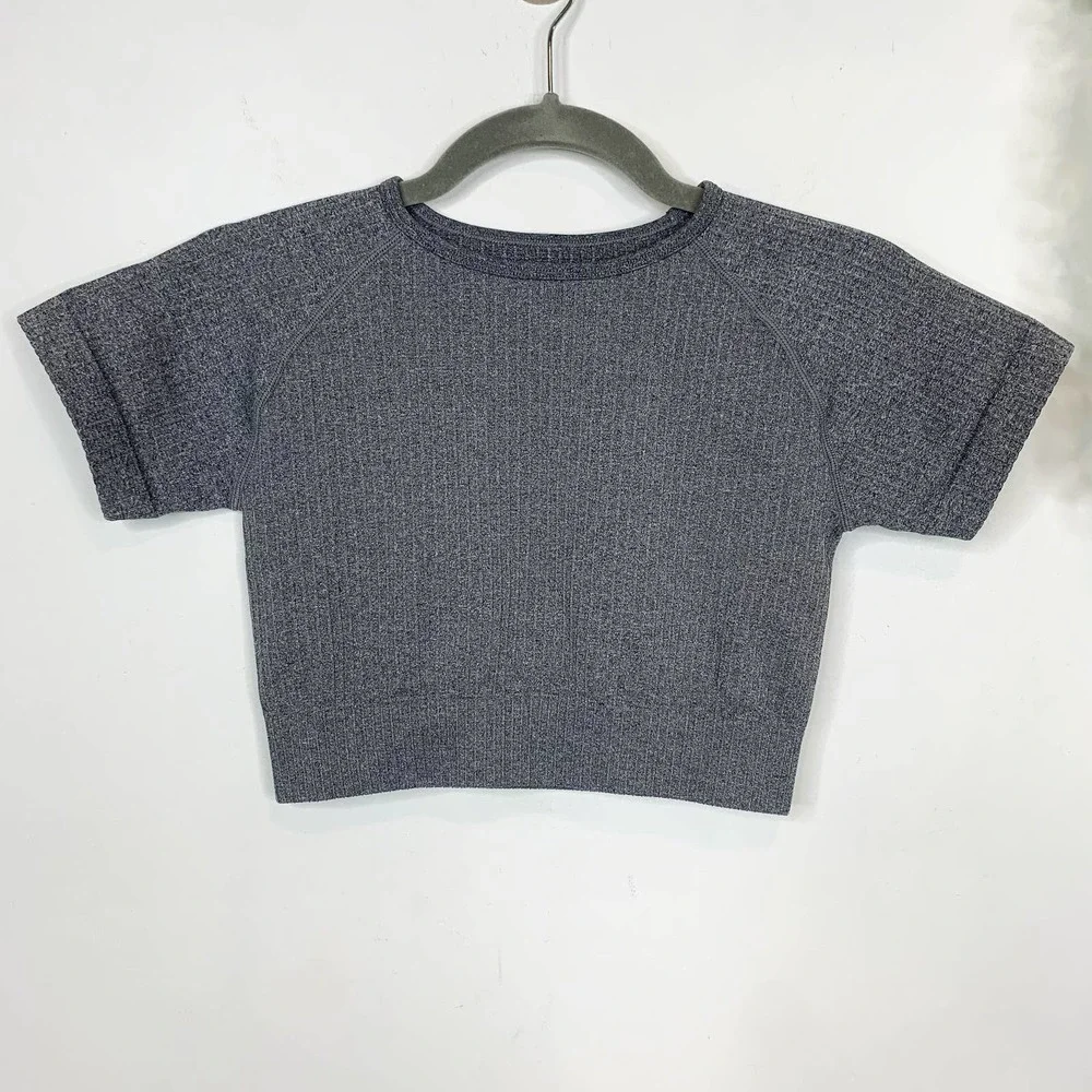 Athleisure crop top compression sports top short sleeves ribbed knit gray - Picture 5 of 6